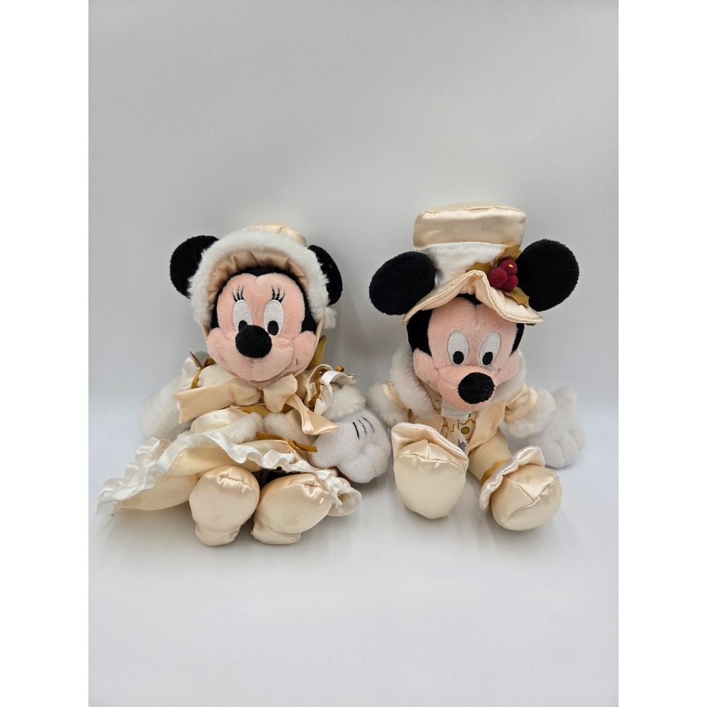 Disney Parks Victorian Mickey and Minnie Mouse Plush Set Cream Gold Holiday 11"